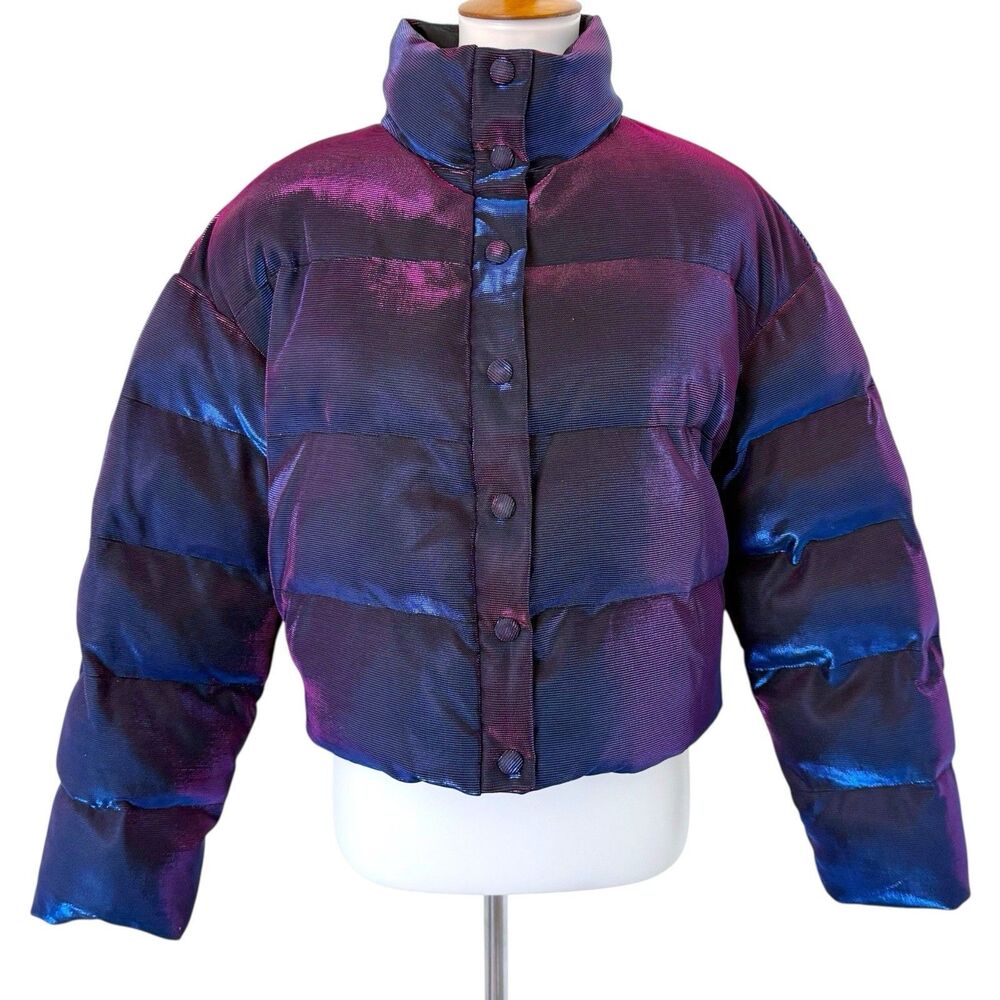 Shein SXY Iridescent Metallic Shift Holographic Padded Puffer Coat Jacket M Medi